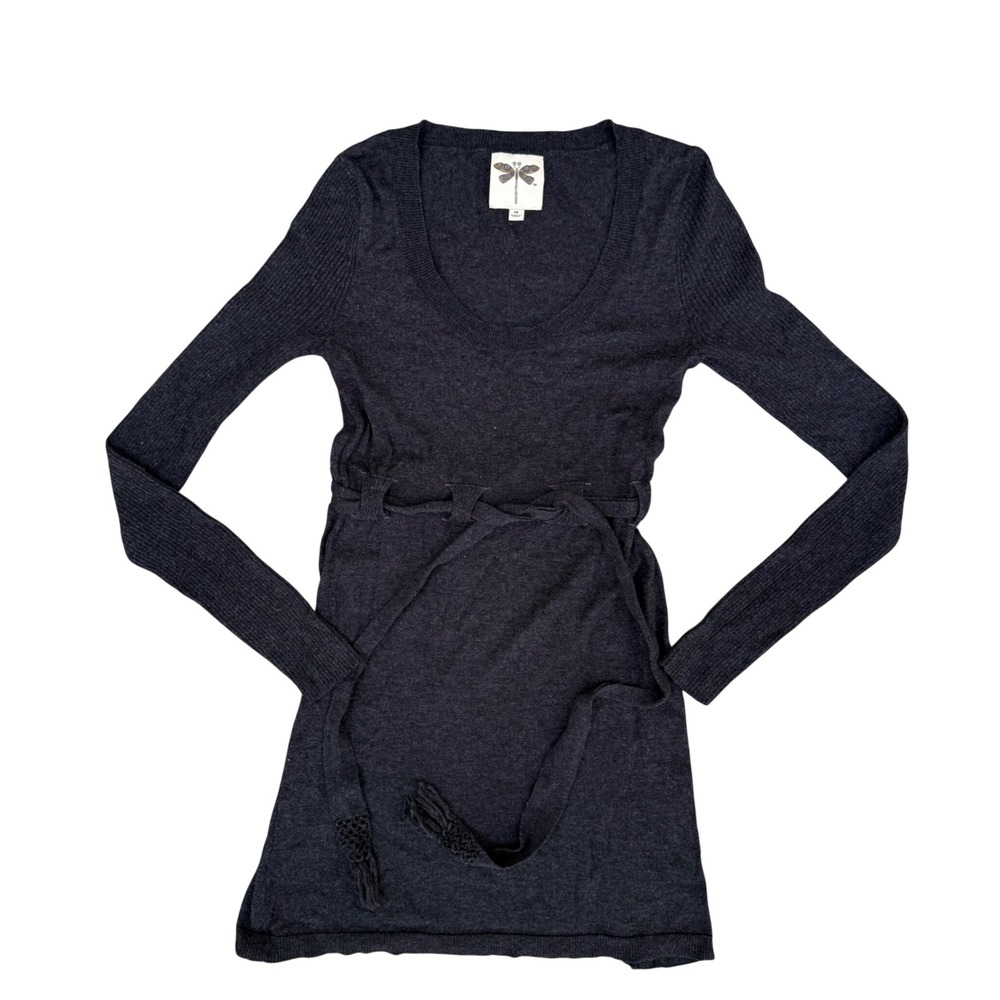 Dragonfly Womens Charcoal Gray Scoop Neck Belted Tassel Tunic Sweater Size M